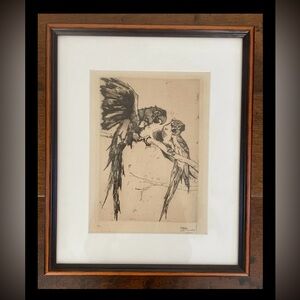 Fine-Art Print Etching by Louis-Robert Pradel "Parrots" - France Circa 1930 -